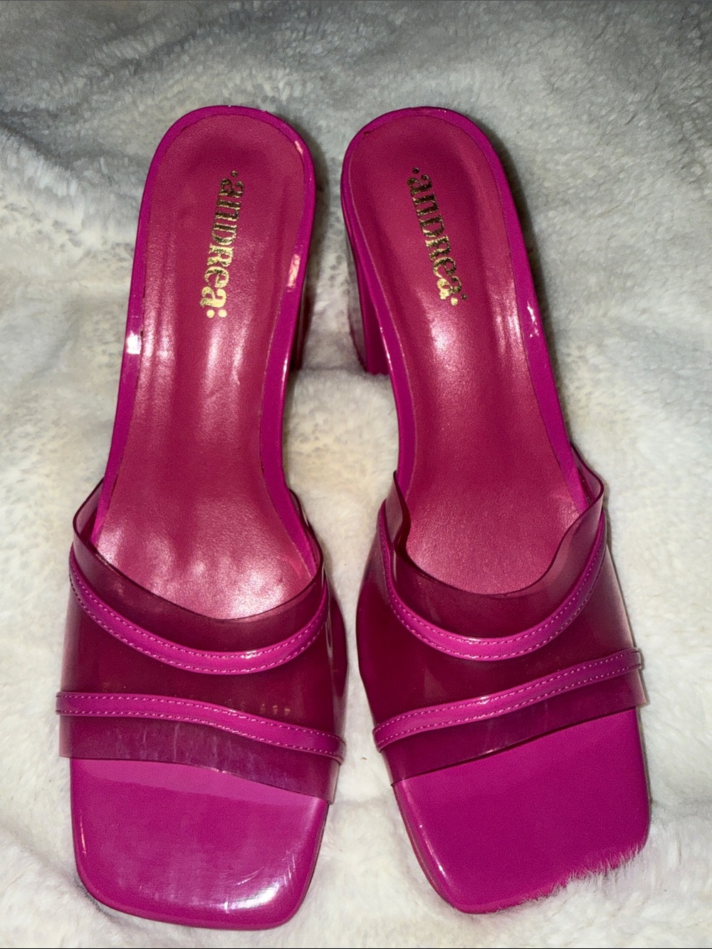 ANDREA Hot Pink Clear Strap Slide Heels